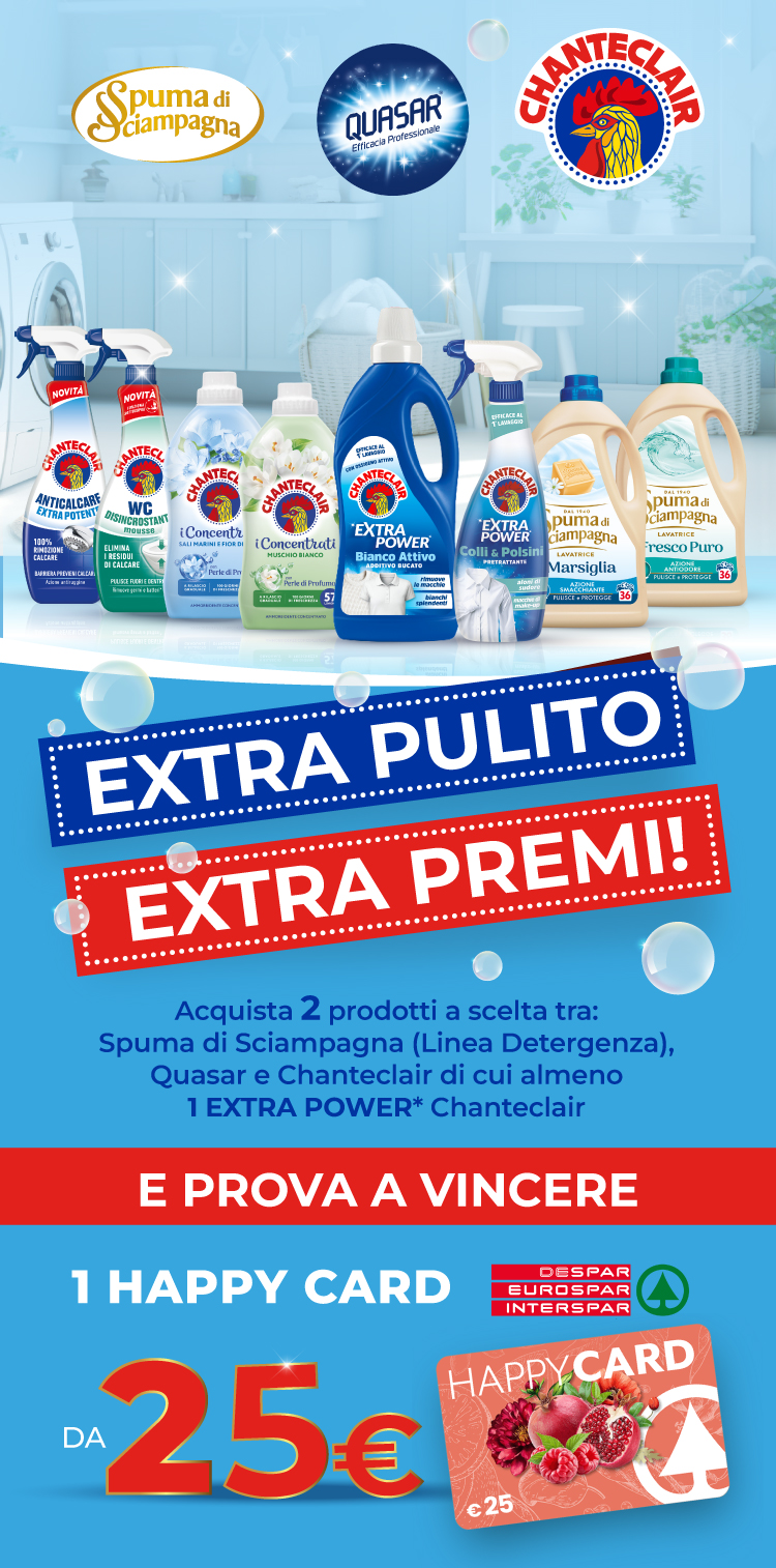 Immagine mobile che spiega la meccanica del concorso Extra pulito extra Premi! Con l'acquisto di 2 prodotti a scelta tra Spuma di Sciampagna cura bucato, quasar e chanteclair di cui almeno 1 extra power puoi vincere 1 happy card Despar da 25€