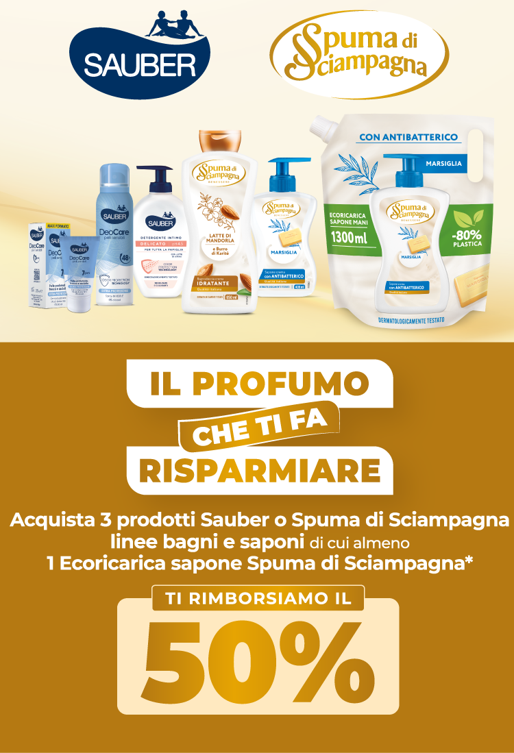 Immagine mobile che spiega la meccanica del Cashback Il profumo che ti fa risparmiare: Con l'acquisto di 3 prodotti Sauber o Spuma di Sciampagna linee bagni e saponi di cui almeno 1 ecoricarica sapone Spuma di Sciampagna*, ricevi il 50% di rimborso dell'importo speso**