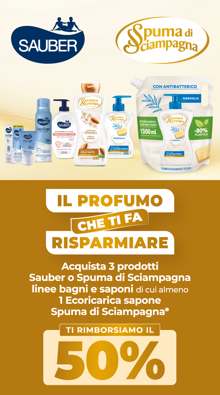 Immagine mobile che spiega la meccanica del Cashback Il profumo che ti fa risparmiare: Con l'acquisto di 3 prodotti Sauber o Spuma di Sciampagna linee bagni e saponi di cui almeno 1 ecoricarica sapone Spuma di Sciampagna*, ricevi il 50% di rimborso dell'importo speso**