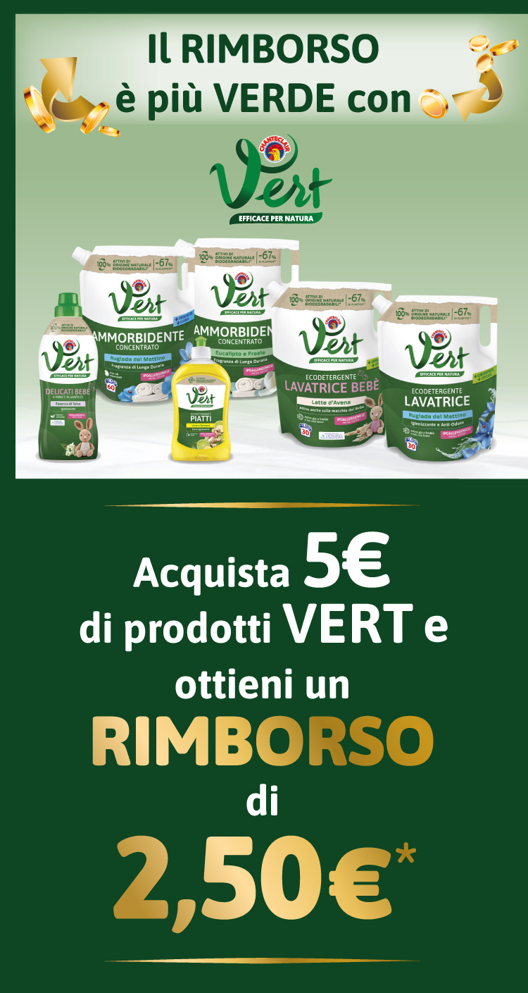 Immagine mobile che spiega la meccanica del Cashback IL RIMBORSO È PIÙ VERDE CON VERT: Con l'acquisto di 5€ di prodotti ricevi il rimborso di 2,50€*